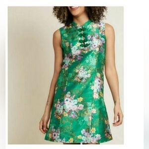 Modcloth Green Asian Floral Mini Dress Large New